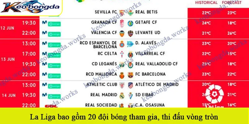 La Liga bao gồm 20 đội bóng tham gia, thi đấu vòng tròn